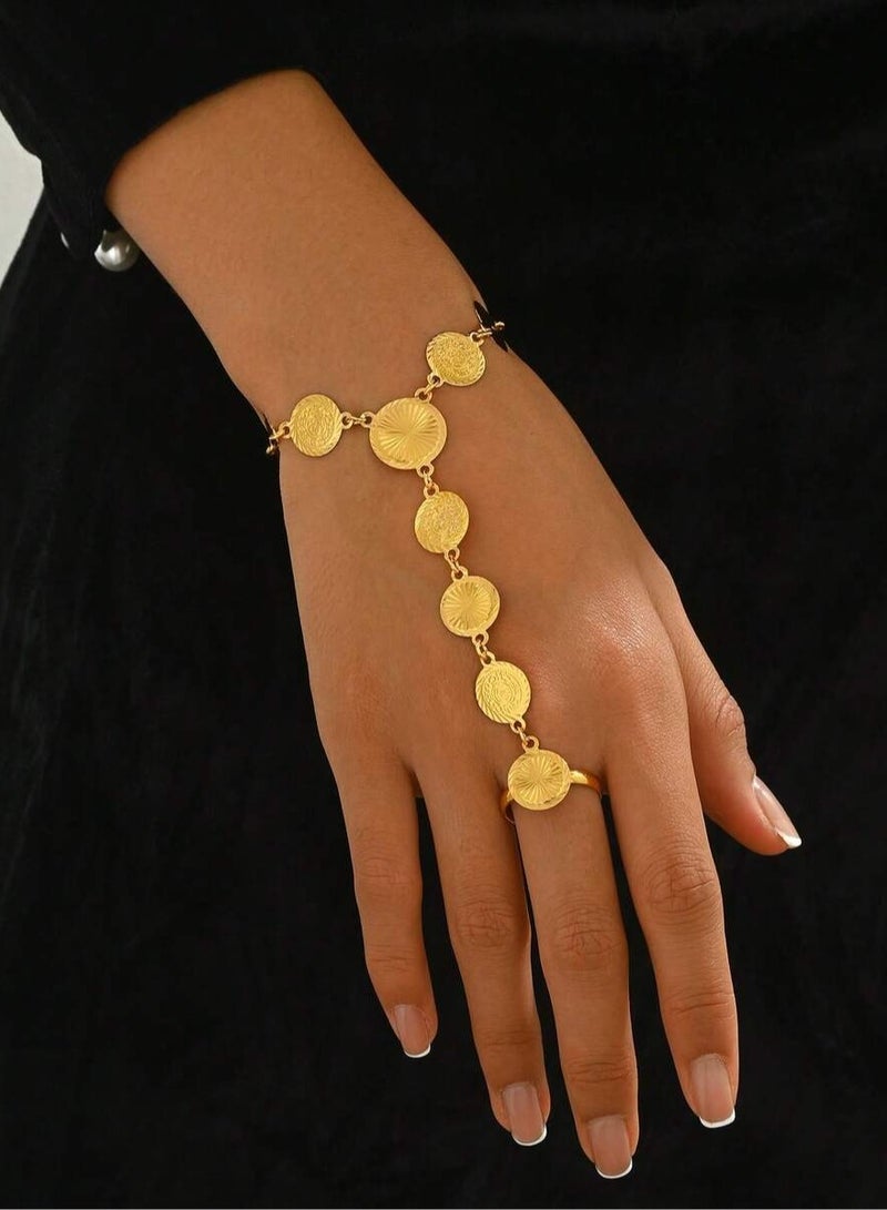 زينة يوم التأسيس السعودي إكسسوار سوار يد مع خاتم بتصميم عملات ذهبية طولية – إطلالة تراثية فاخرة للمناسبات - Image 1